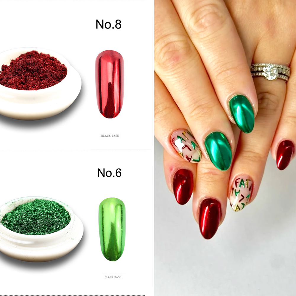 Mica Powder Colorant - ผงกลิตเตอร์เล็บสีแดงเขียวโครเมียมแบบกระจกเงา 2 กล่อง/ชุด ผงประกายวิ้งวับ เนื้อมุกเมทัลลิก สำหรับทาเล็บเจล